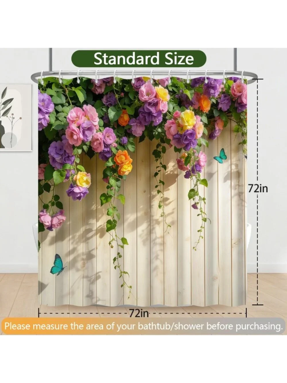 Vibrant Floral Shower Curtain Set - Waterproof, Machine Washable, 72x72 Inch, 12
